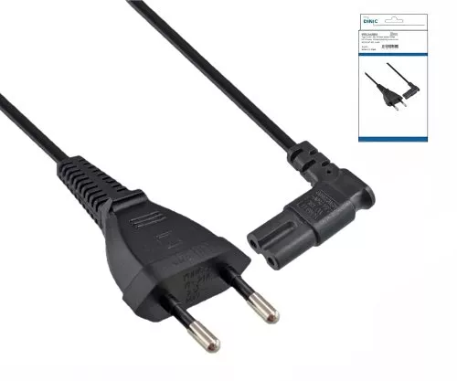 Úhlový síťový kabel typ C-C7, 0,75 mm², Euro zástrčka/IEC 60320-C7, VDE, černý, krabice DINIC, délka 2,00 m